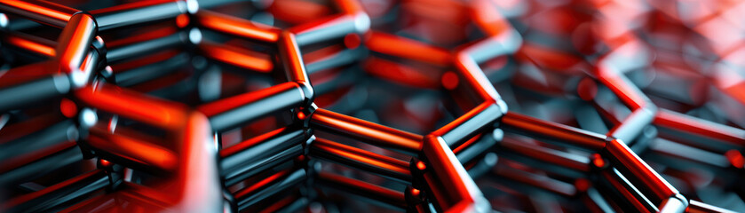 Poster - Close-up of a complex geometric structure with hexagonal patterns in vibrant red and black hues, illustrating advanced technology and modern design.
