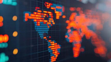Poster - Digital world map with glowing data points representing global connections and technology networks on a blurred background, symbolizing data visualization.