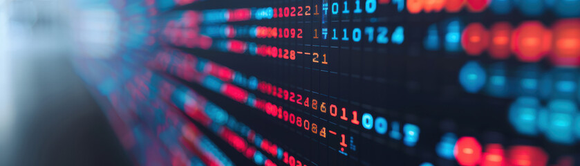 Aufkleber - Close-up of a digital display screen showcasing data, numbers, and codes in vibrant red and blue colors, representing technology and data analysis.