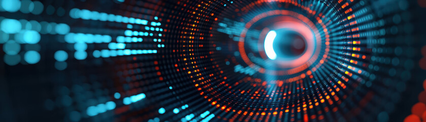Poster - a vibrant, abstract digital artwork with bright blue and red lights forming a tunnel-like structure 