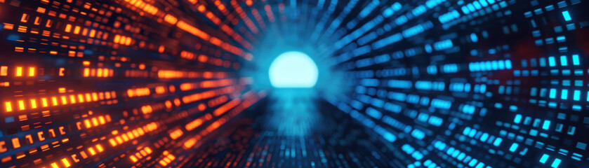 Poster - abstract digital tunnel with vibrant red and blue lights creating a futuristic, high-tech ambiance. 