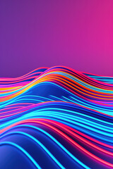 Poster - Vibrant  digital  of colorful, curved lines creating a dynamic wave pattern on a gradient pink and purple background.