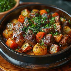 Wall Mural - a mouth watering Lamb hotpot with root vegetables and golden potatoes