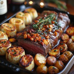 Wall Mural - a classic serving of Traditional Sunday roast with beef, Yorkshire pudding, and roast vegetables