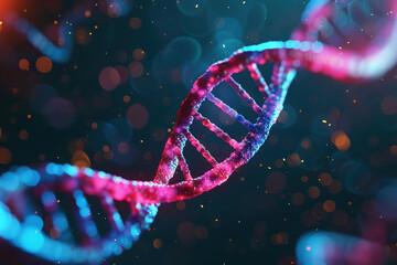 Poster - Colorful and dynamic   of DNA double helix structure with bokeh lights in the background, symbolizing genetics, science, and research innovation.
