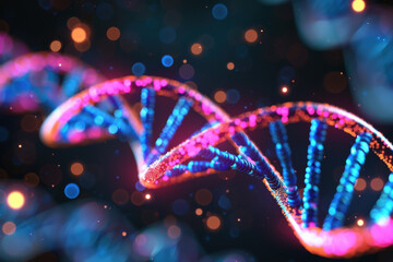 Poster - Colorful DNA helix structure with glowing particles on a dark background. Perfect for genetics, science, and biotechnology themes.