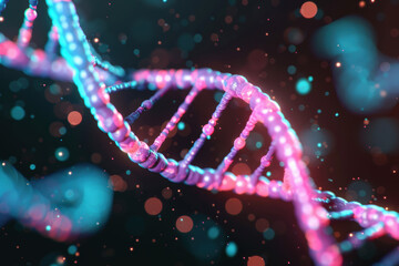 Poster - Close-up of colorful DNA strand with glowing particles, illustrating genetics and molecular biology in a scientific, futuristic display.