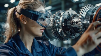 Wall Mural - A technician using augmented reality (AR) glasses to receive real-time instructions while repairing a complex machine.