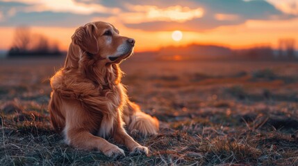 Poster - A golden retriever lying in a field, gazing into the distance as the sun sets, casting a warm glow.