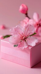 Elegant pink gift box adorned with delicate pink cherry blossoms on a pink background.