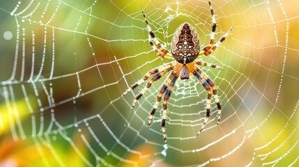 Macro shot of a spider on its web in a garden with a blurred background, highlighting the intricate details of the web and coloration.