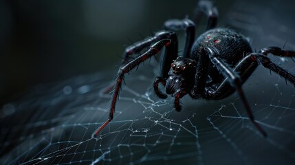 Macro shot of a black spider on its intricate web, capturing the fine details of its structure and environment.