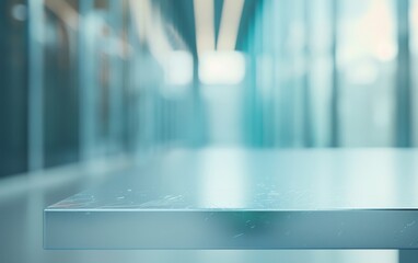 Poster - Futuristic High-Tech Room with Sleek Blue Metal Table for Product Display, Bright Natural Light Boosting a Modern Minimalistic Theme