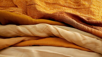 Poster - Earthy Tones in Minimalist Textile Art: Vivid Orange, Mustard Yellow, and Beige Fabrics Arranged in Horizontal Layers Against a Soft Beige Background