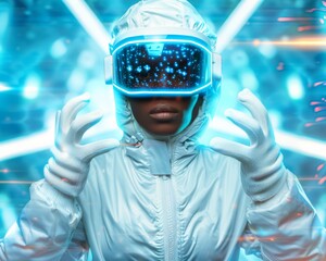 Aufkleber - Futuristic Fashion Fusion: Young Adult in Advanced Holographic Interface Outfit Indoors During Twilight
