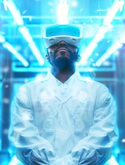 Aufkleber - Confident Multiracial Male Scientist in Futuristic Lab Gear Celebrating World Science Day in High-Tech Laboratory