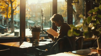 A poet gracefully reading their work in a quiet cafe