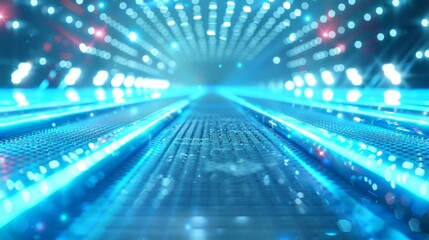 Poster - Futuristic Tech Tunnel with Vibrant Neon Lights and Digital Patterns for High-Tech Presentations