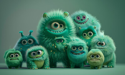 Sticker - A group of cute fluffy monsters with turquoise and green fur and happy expressions of different sizes