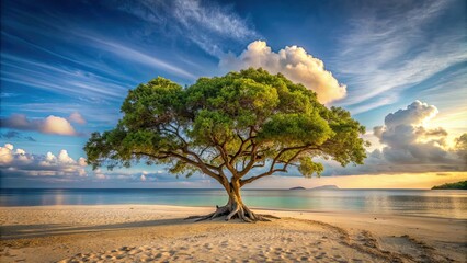 Sticker - A serene and beautiful scene of a tree on the sandy beach, tree, beach, sand, nature, serene, tranquil, coast, tropical