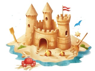 Wall Mural - Sandcastle on Beach with Crab