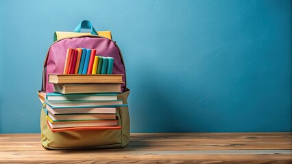 Poster - A backpack filled with colorful books , education, school, studying, supplies, learning, textbooks, student