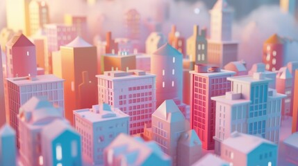 Wall Mural - D abstract background with miniature cute buildings in a surreal cityscape AI generated illustration