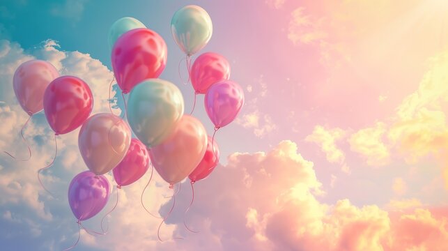 D background with balloons floating in pastel sky  AI generated illustration