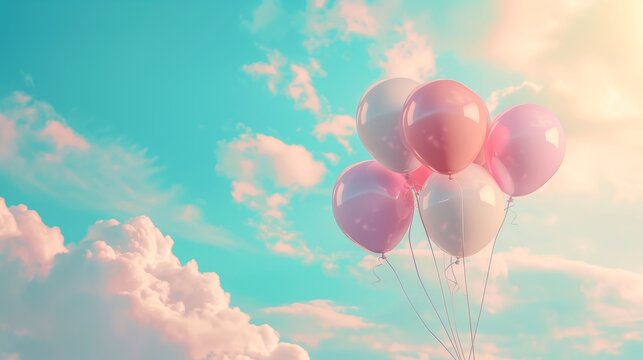 D background with balloons floating in pastel sky  AI generated illustration