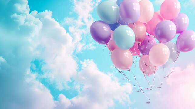 D background with balloons floating in pastel sky  AI generated illustration