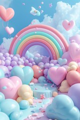 Fototapete - D dreamworld filled with pastel rainbows and hearts AI generated illustration