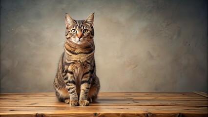 Wall Mural - A cute tabby cat sitting on a wooden table , cat, feline, pet, domestic animal, furry, sitting, table, wooden, adorable