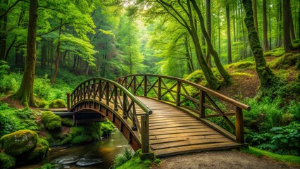 Canvas Print - A picturesque bridge surrounded by lush green trees in the heart of the forest, bridge, forest, nature, trees, tranquil, scenery