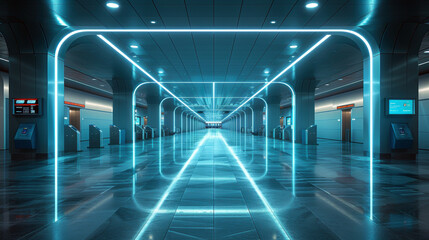 Poster - A long, narrow, brightly lit tunnel with a blue neon light