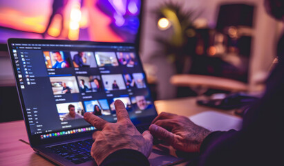 Wall Mural - A person on their laptop, engaging in an online meeting with multiple people from different countires all visible through the screen of his computer