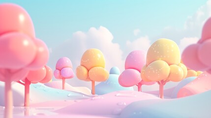 Wall Mural - A 3D animated land with pastel-colored popsicle trees  AI generated illustration