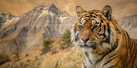 Sticker - Double exposure tiger blending with stunning alpine landscape, tiger, mountains, wildlife, nature