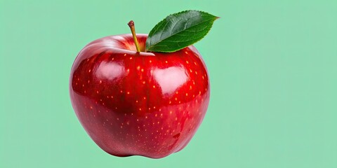 Poster - Red ripe apple with vibrant green leaf isolated on background, apple, red, ripe, fruit, fresh, healthy, leaf, green, isolated