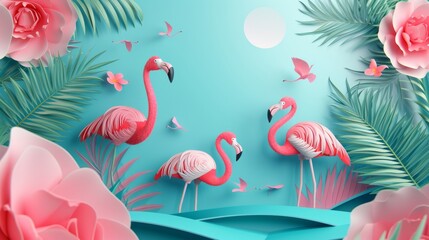 Wall Mural - tropical paradise with abstract flamingos and palm leaves  AI generated illustration