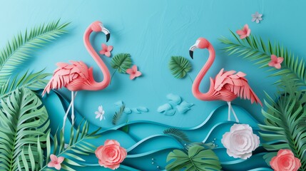 Poster - tropical paradise with abstract flamingos and palm leaves  AI generated illustration
