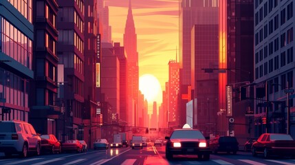 Wall Mural - illustration of a busy cityscape at sunset  AI generated illustration