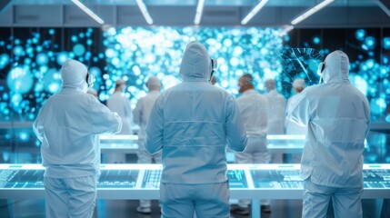 Aufkleber - High-Tech Office Scene: Young IT Professionals Engage with Holographic Interfaces, Modern Sleek Design in a Futuristic Setting
