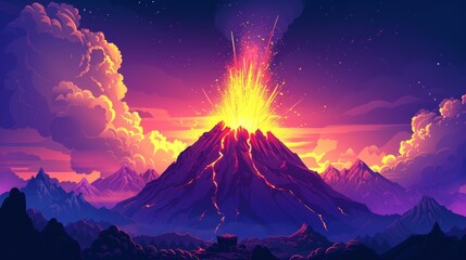 Wall Mural - representation of an erupting volcano seen from a safe distance  AI generated illustration