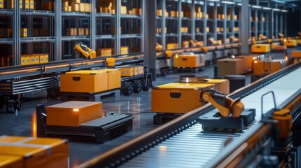 Sticker - An automated warehouse system with robotic arms and conveyor belts sorting and distributing products efficiently.