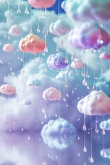 Poster - world of pastel raindrops falling from fluffy white clouds  AI generated illustration