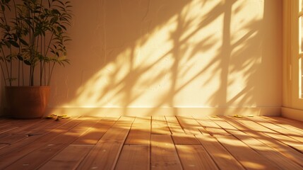 Wall Mural - A blank warm room with sun rays casting shadows of leaves  AI generated illustration