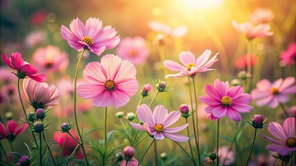 Canvas Print - Beautiful pink cosmos flowers in nature decorated in vintage tones, pink cosmos, flowers, nature, vintage, tones, garden, petals