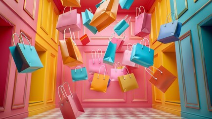 Wall Mural - Colorful shopping bags falling on empty shopping mall background,pastel color shopping bag on color background,space for text.