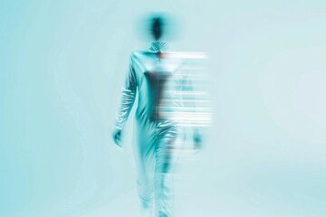 Aufkleber - Futuristic Female in Silver Bodysuit Against Light Blue Holographic Display with Symmetrical Abstract Blurs Using Long Exposure