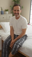 Poster - Middle-aged hispanic man smiling in pajamas while sitting on a bed in an indoor bedroom setting with potted plants and a dresser